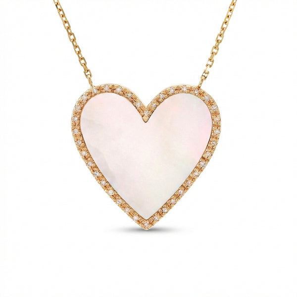 14Kt gold heart necklace mother of pearl diamond accents product photo by Morelove Designs