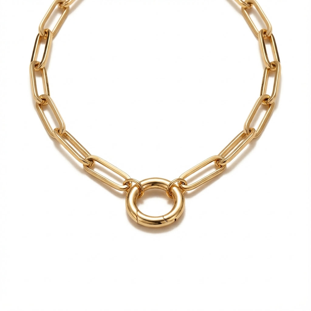 Elegant 14Kt gold paperclip chain necklace featuring a polished circular lock closure, perfect for sophisticated everyday wear.