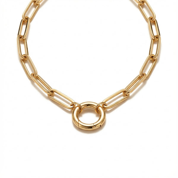 Elegant 14Kt gold paperclip chain necklace featuring a polished circular lock closure, perfect for sophisticated everyday wear.