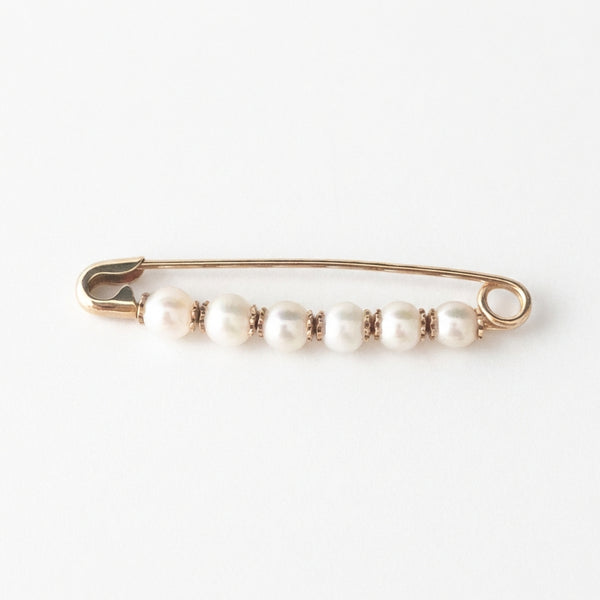 Long pearled safety pin in 14Kt gold, luxury minimalist brooch product photo by Morelove Designs