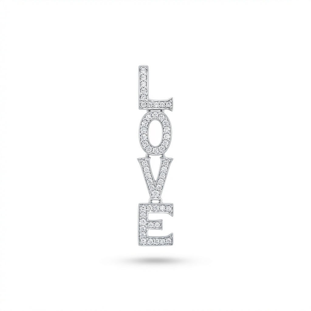 Diamond and 14Kt gold vertical LOVE charm, luxury fine jewelry accessory for necklaces or bracelets product photo by Morelove Designs