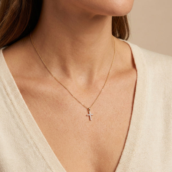 14Kt gold micro pave diamond cross necklace for women photography by Morelove Designs
