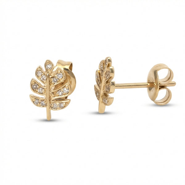 14Kt gold micro pave diamond leaf stud earrings product photo by Morelove Designs