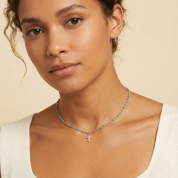 Dainty beaded chain necklace featuring a delicate cross charm, perfect for adults, luxury everyday jewelry.