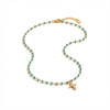 Golden Plated Silver necklace with small blue beads and a sparkling mini cross pendant.