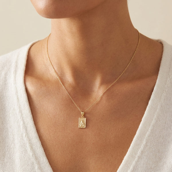 Mini Squared Scapular 14Kt Gold Pendant with Religious Iconography, Fine Jewelry Charm photography by Morelove Designs