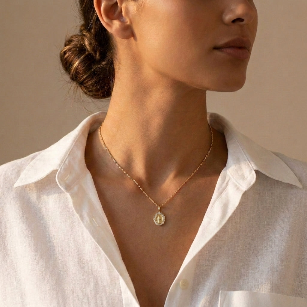 Authentic Miraculous Medal design in luxurious 14K Gold. photography by Morelove Designs