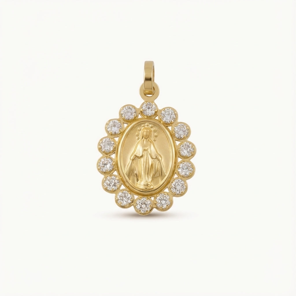 Everyday luxury 14K yellow gold pendant, delicate Miraculous Medal design, sparkling white cubic zirconia bezel