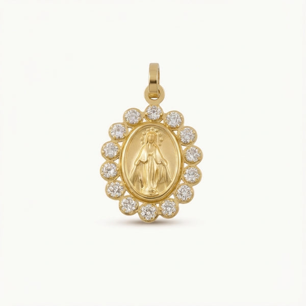 Everyday luxury 14K yellow gold pendant, delicate Miraculous Medal design, sparkling white cubic zirconia bezel