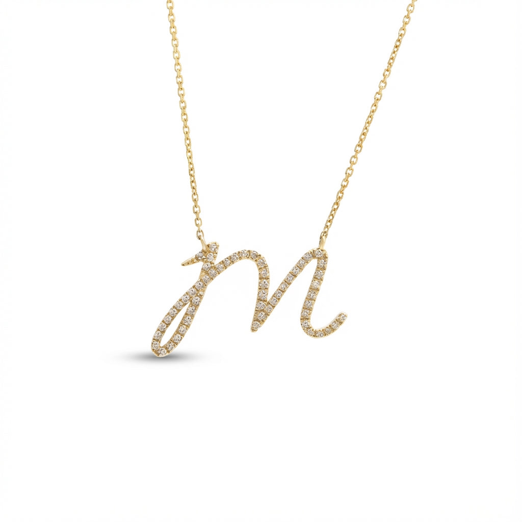 14K Gold diamond initial M necklace, modern micro pave script letter pendant product photo by Morelove Designs