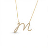 14K Gold diamond initial M necklace, modern micro pave script letter pendant product photo by Morelove Designs