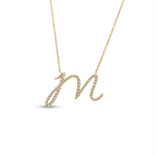 14K Gold diamond initial M necklace, modern micro pave script letter pendant product photo by Morelove Designs