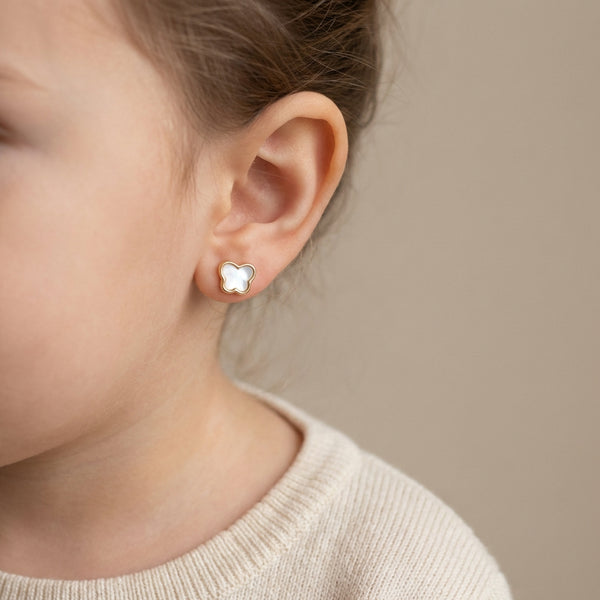 Mother of pearl butterfly 14Kt gold stud earrings for kids; hypoallergenic baby jewelry photography by Morelove Designs