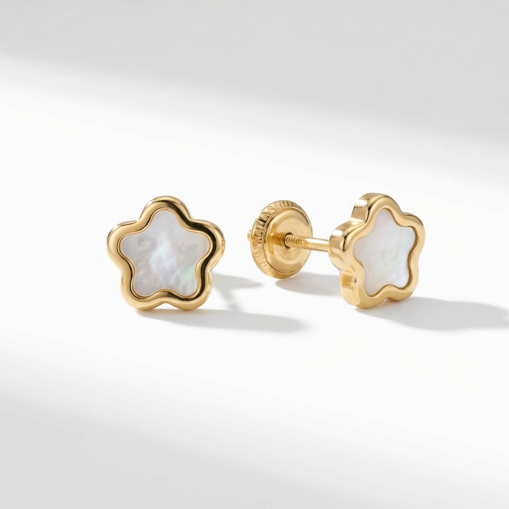 Mother of pearl flower gold 14kt stud earrings for kids product photo by Morelove Designs