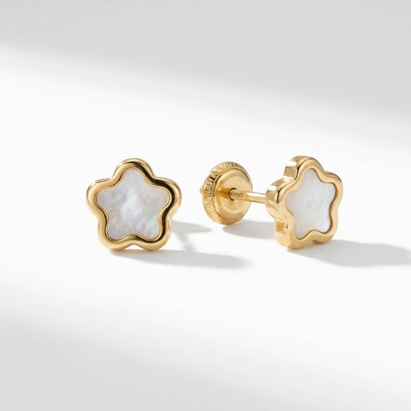 Mother of pearl flower gold 14kt stud earrings for kids product photo by Morelove Designs
