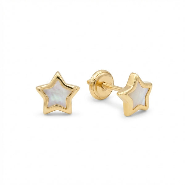 14Kt gold star stud earrings with mother of pearl inlay for adults. Luxury fine jewelry for sensitive skin. product photo by Morelove Designs