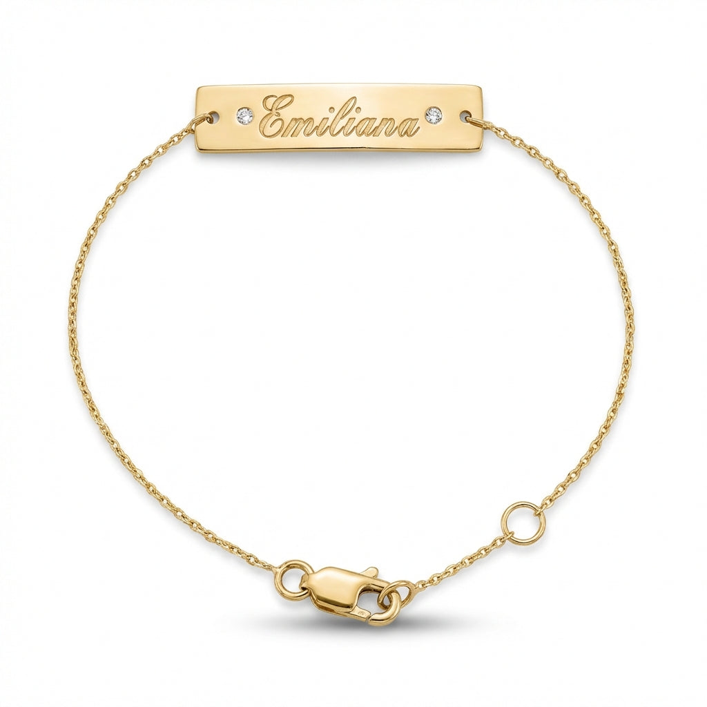 Personalized 14Kt gold name bar bracelet with side zircons, custom engraved jewelry product photo by Morelove Designs