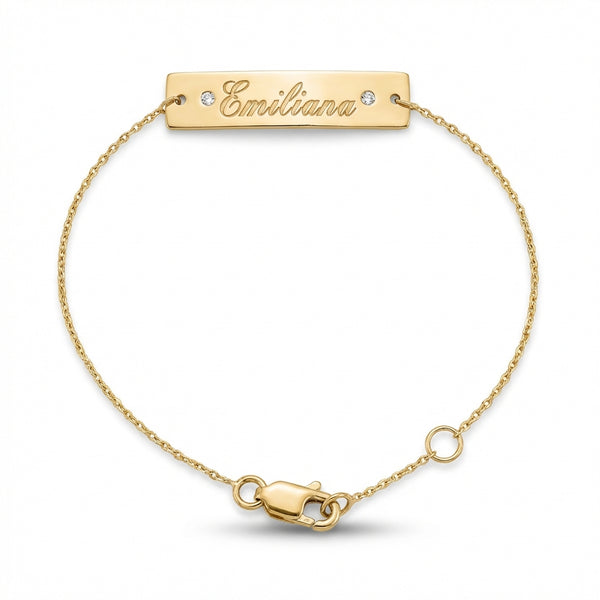 Personalized 14Kt gold name bar bracelet with side zircons, custom engraved jewelry product photo by Morelove Designs