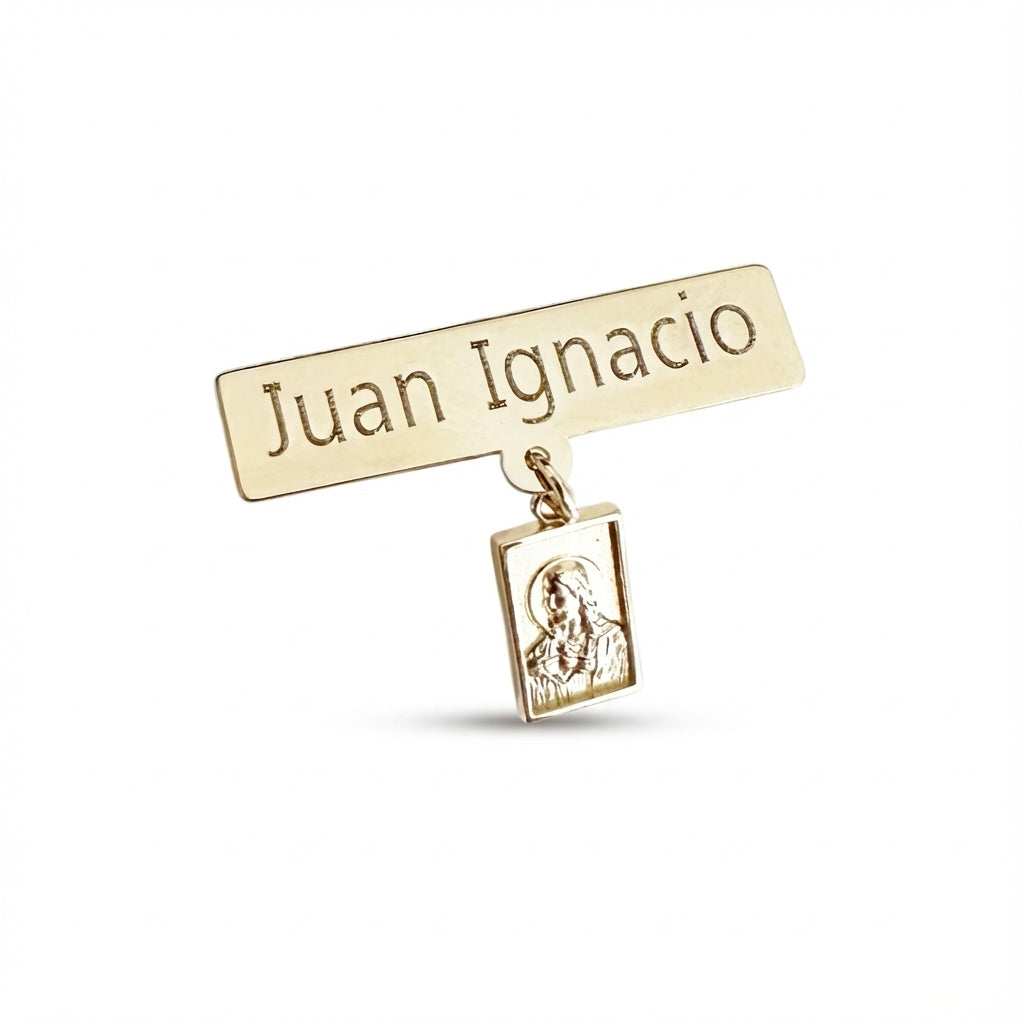 Luxury 14Kt yellow gold name bar pin with a detailed religious icon charm, perfect for everyday wear.