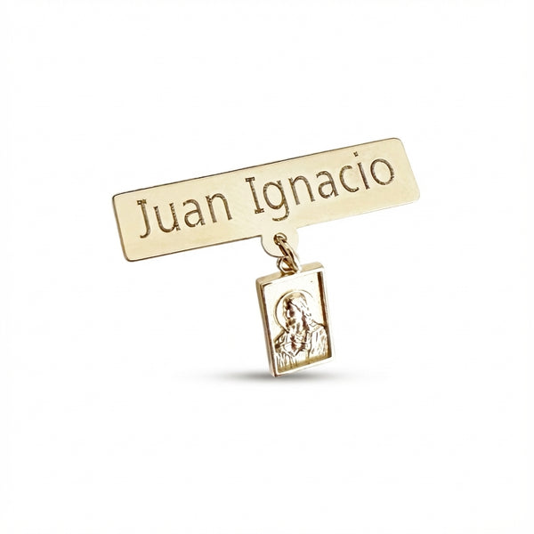 Luxury 14Kt yellow gold name bar pin with a detailed religious icon charm, perfect for everyday wear.