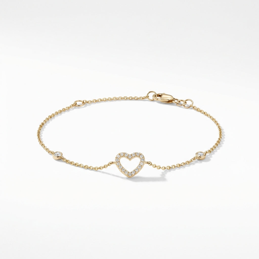 14kt gold open pave heart bracelet with diamond bezels, delicate chain product photo by Morelove Designs