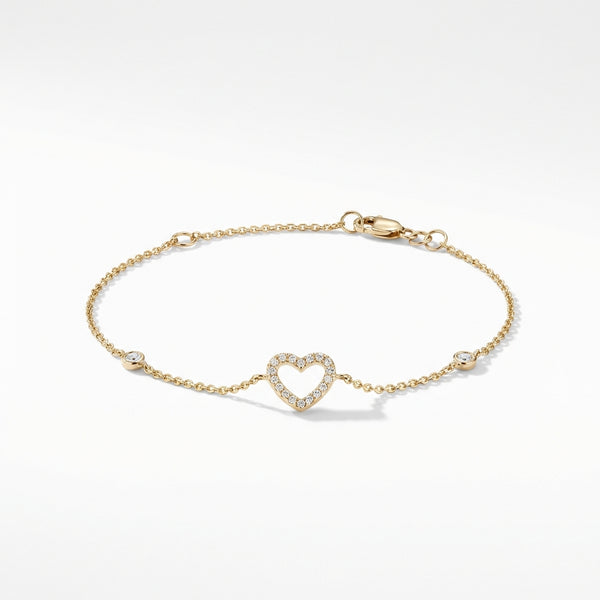 14kt gold open pave heart bracelet with diamond bezels, delicate chain product photo by Morelove Designs