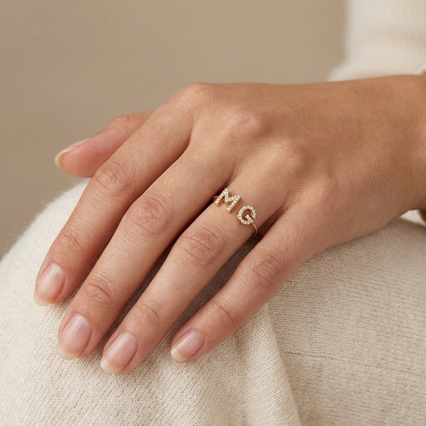 14Kt gold initial M G ring with pave diamonds, personalized fine jewelry for women, open design photography by Morelove Designs