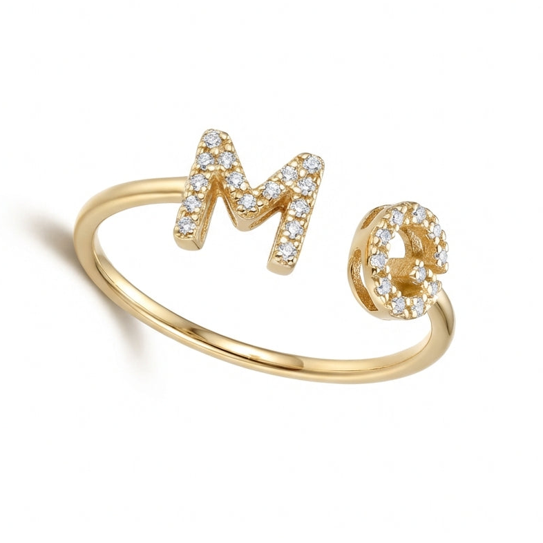 14Kt gold initial M G ring with pave diamonds, personalized fine jewelry for women, open design product photo by Morelove Designs