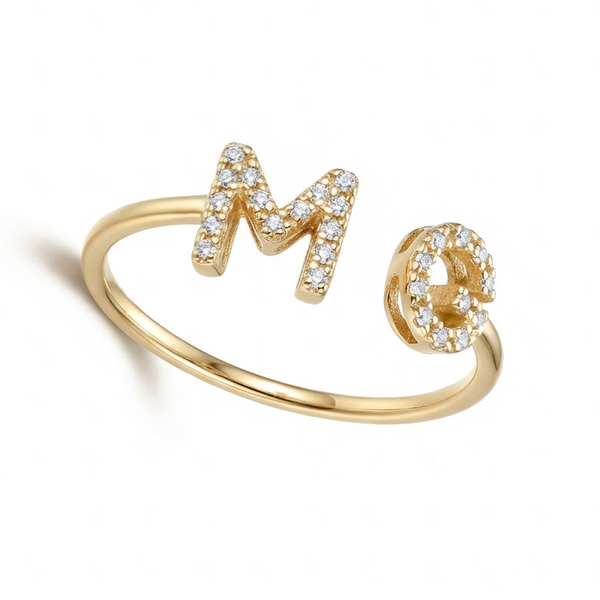 14Kt gold initial M G ring with pave diamonds, personalized fine jewelry for women, open design product photo by Morelove Designs