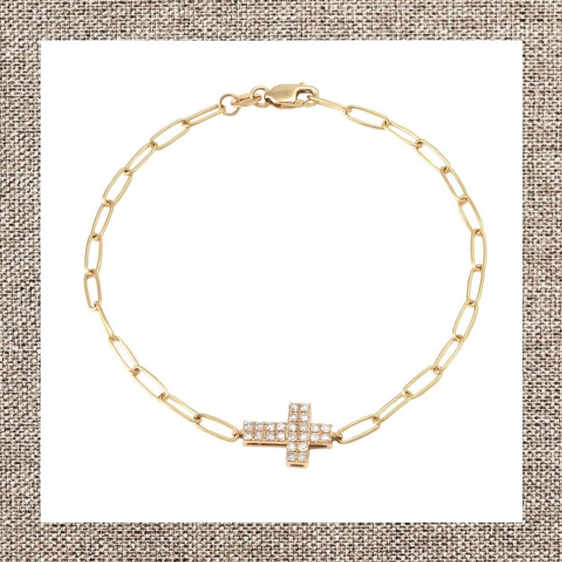 Pave Diamond Charm Paperclip Bracelet in Gold 14Kt