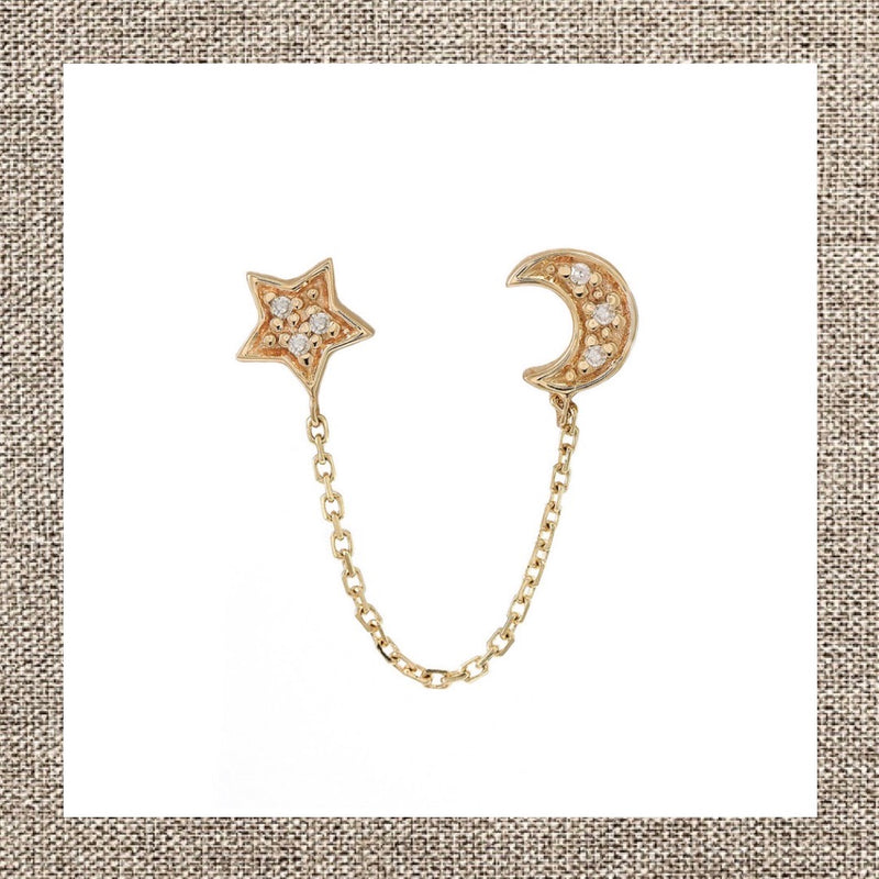 Pave Diamond Star & Moon Double Chain Drop Earrings in Gold 14Kt