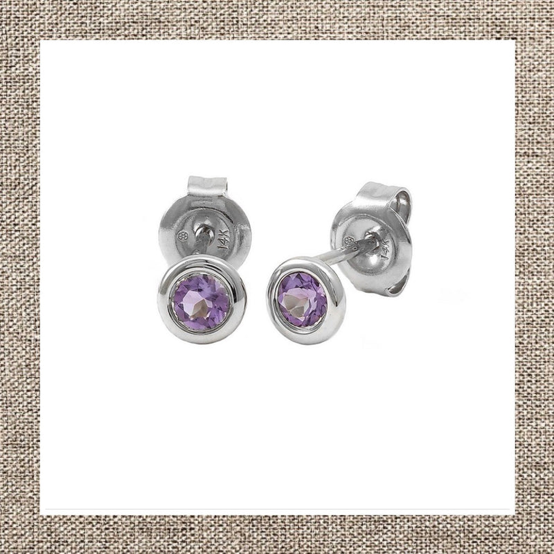 February Birthstone Round Bezel Amethyst Earrings in Gold 14Kt