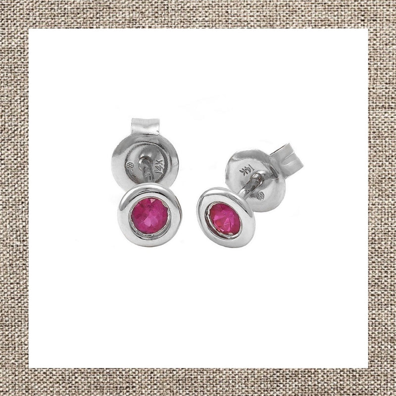 July Birthstone Round Bezel Ruby Earrings in Gold 14Kt