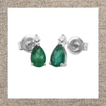 Pear Prong Emerald Earrings with Mini Top Diamond in Gold 14Kt