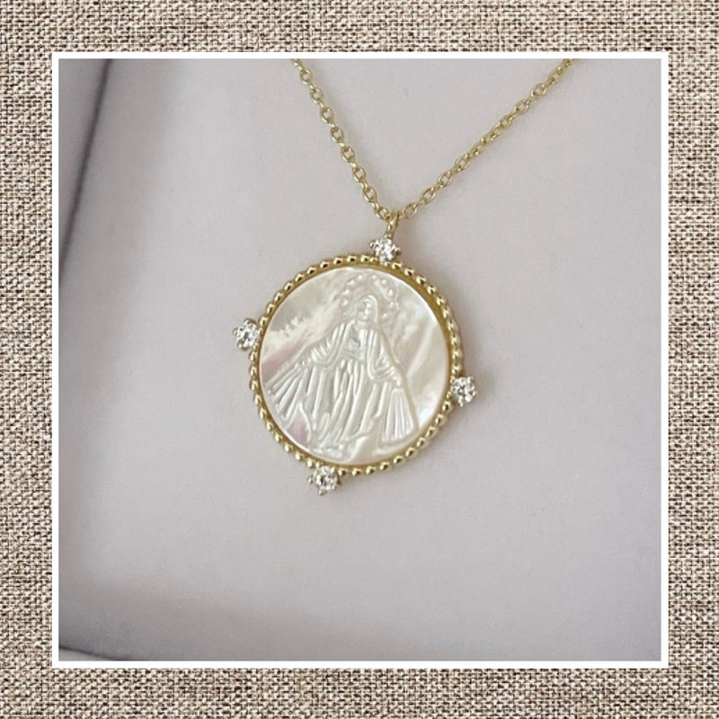 Religious Medal Necklace with Corner Zircons in Golden Plated Silver