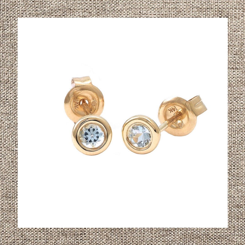 March Birthstone Round Bezel Aquamarine Earrings in Gold 14Kt