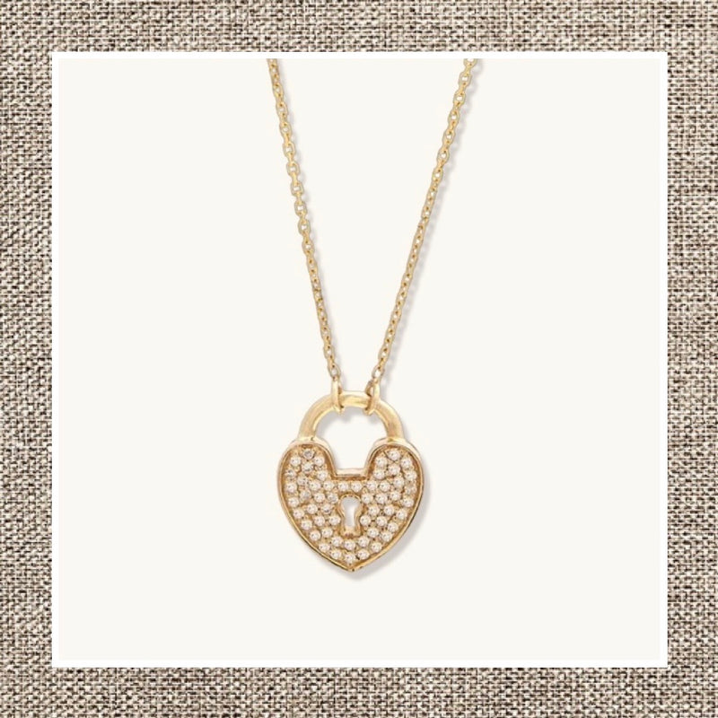 Pave Heart Lock Necklace in Gold 14Kt