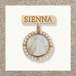 Name Bar Safety Pin with Pearled Religious Medal in Gold 14Kt