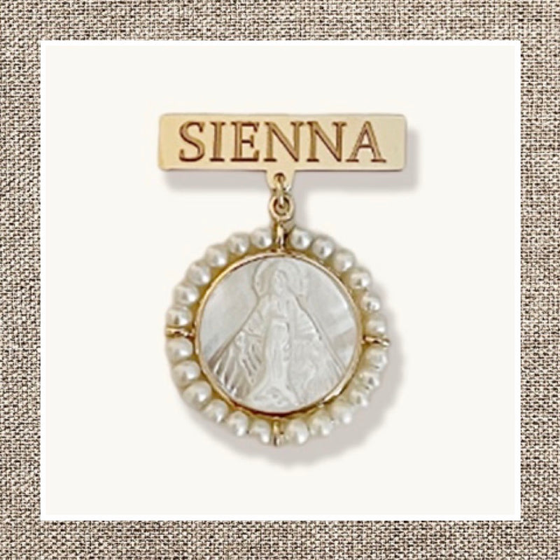 Name Bar Safety Pin with Pearled Religious Medal in Gold 14Kt