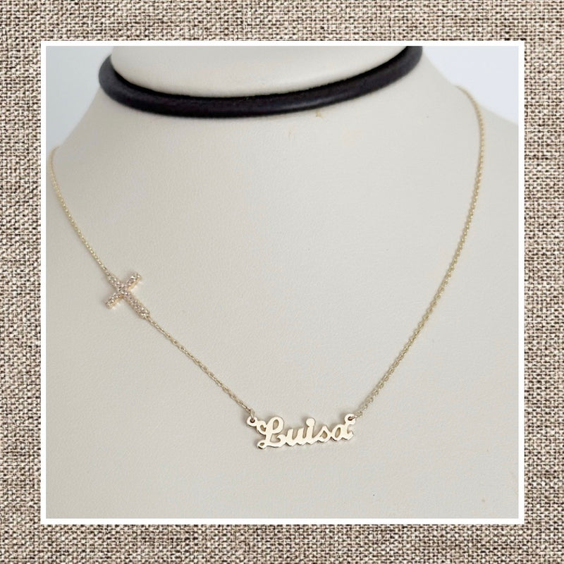 Script Name Necklace with Pave Diamond Cross in Gold 14Kt
