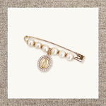 Pearled Safety Pin with Zircon Miraculous Medal in Gold 14Kt