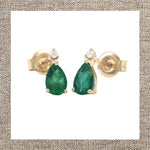 Pear Prong Emerald Earrings with Mini Top Diamond in Gold 14Kt
