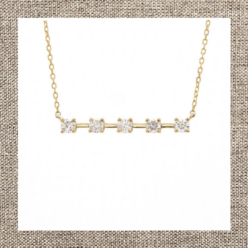 Five/Three Gold Bar Round Prong Diamond Necklace in Gold 14Kt