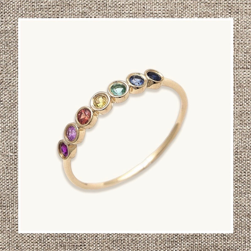 Rainbow Round Bezel Multi Gem Ring in Gold 14Kt