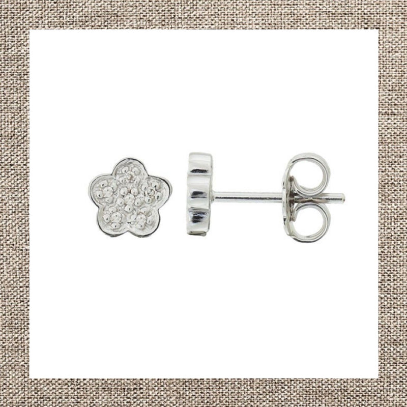 Sterling Silver Pave Diamond Flower Earrings