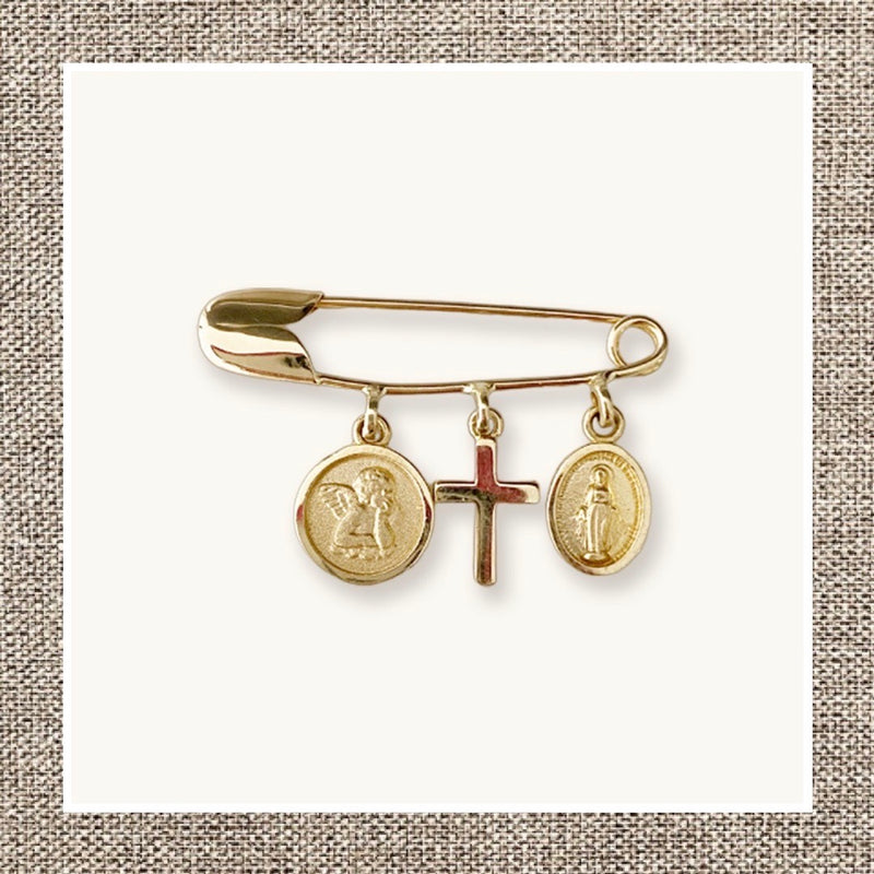 Simple Safety Pin With Religious Charms in Gold 14Kt