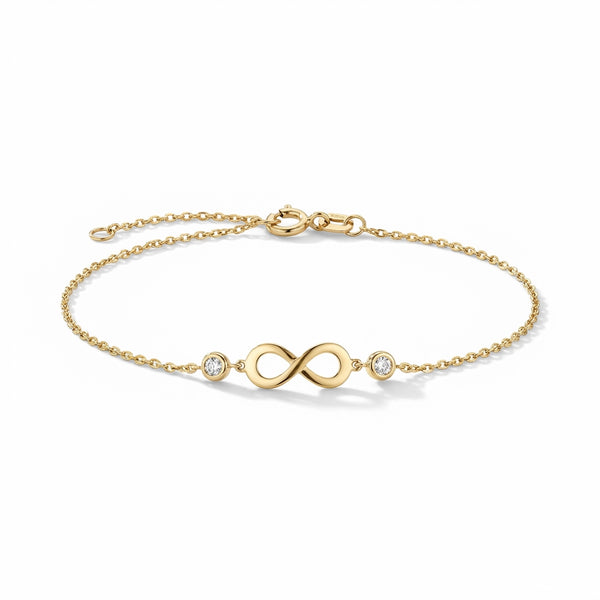 14Kt gold infinity bracelet with pave diamonds; delicate wrist jewelry for adults. product photo by Morelove Designs