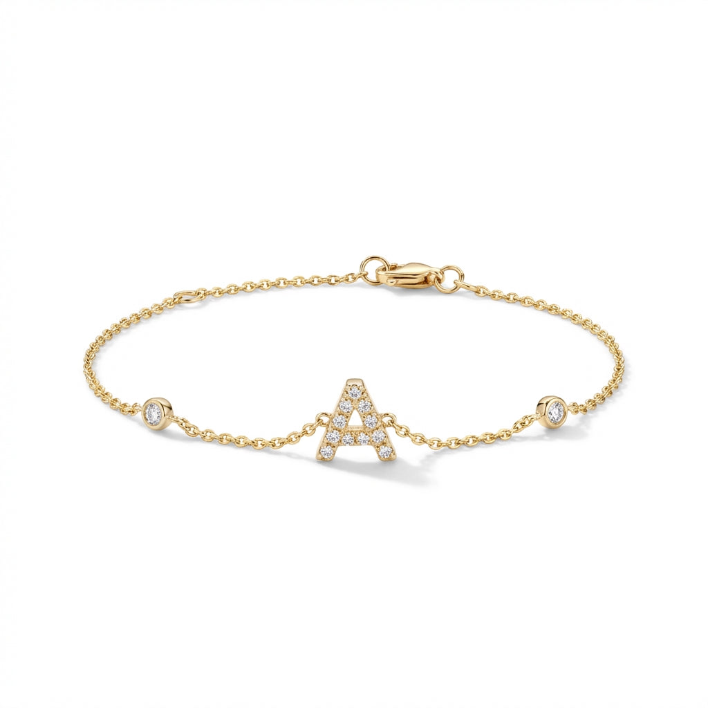 14Kt gold initial A bracelet with pave diamonds and side diamond bezels, elegant fine jewelry for women product photo by Morelove Designs