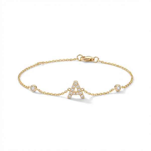 14Kt gold initial A bracelet with pave diamonds and side diamond bezels, elegant fine jewelry for women product photo by Morelove Designs