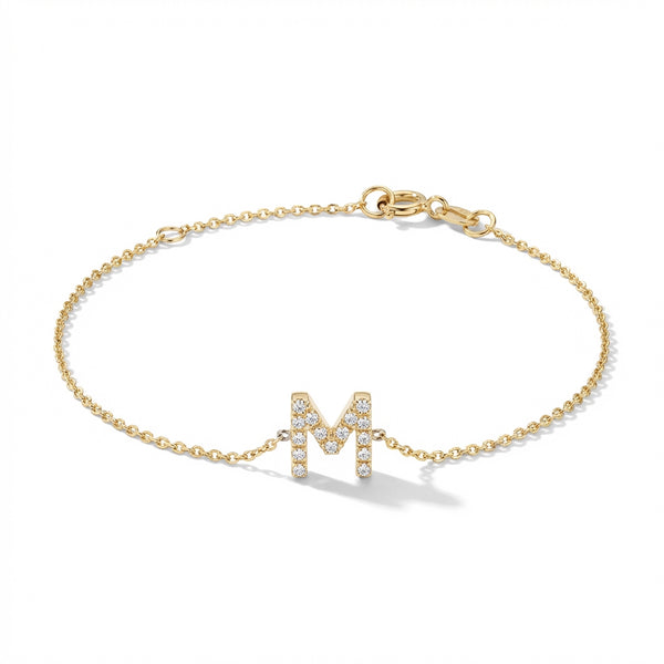 Gold 14Kt pave initial M bracelet, delicate fine jewelry for women, everyday luxury product photo by Morelove Designs